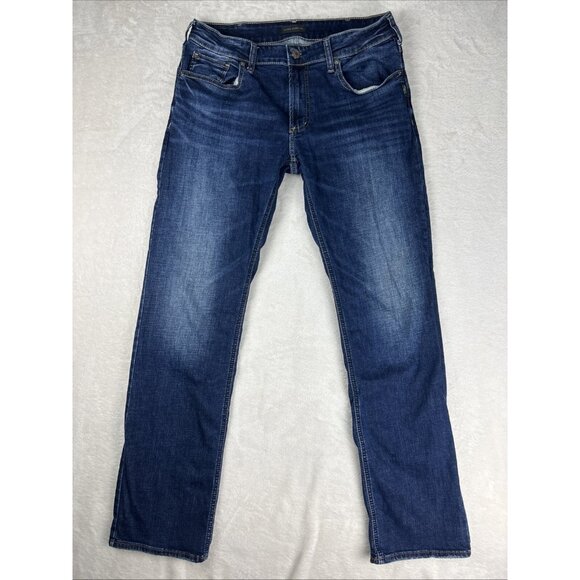 Silver Jeans Allan Mens 34x33 Blue Dark Wash Slim Straight Denim Comfort Stretch - Picture 1 of 11